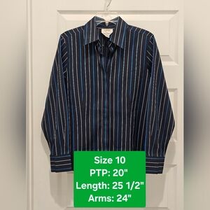 Talbots Long Sleeve Button Up Striped Blouse, NWOT, Size 10